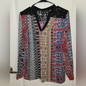 Zac and Rachel colorful blouse with lace shoulder detail